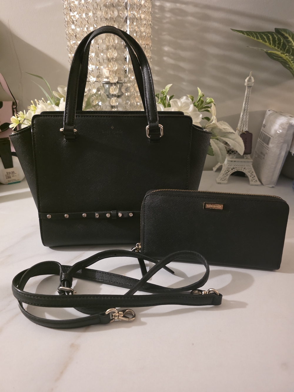 kate spade Black Leather Satchel with Wallet and Detachable Strap